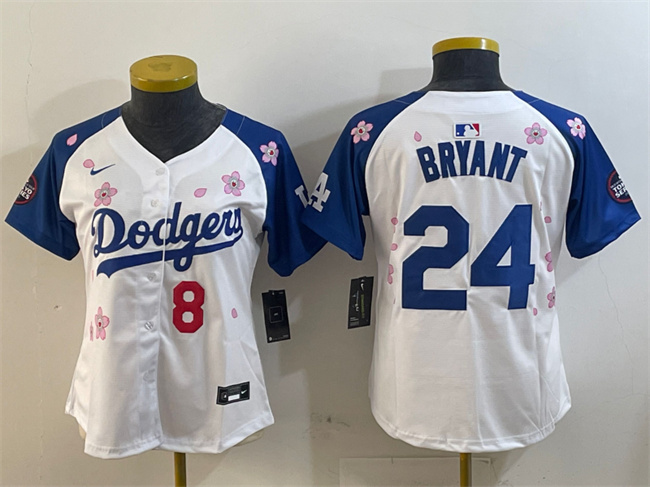 Women's Los Angeles Dodgers Front #8 Back #24 Kobe Bryant White Royal 2025 Tokyo Series Limited Stitched Baseball Jersey(Run Small) Women's Los Angeles Dodgers Front #8 Back #24 Kobe Bryant White Royal 2025 Tokyo Series Limited Stitched Baseball Jersey(Run Small)