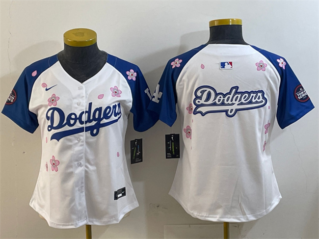 Women's Los Angeles Dodgers Team Big Logo White Royal 2025 Tokyo Series Limited Stitched Baseball Jersey(Run Small) 001
