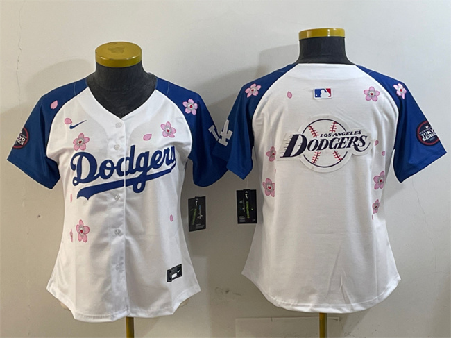 Women's Los Angeles Dodgers Team Big Logo White Royal 2025 Tokyo Series Limited Stitched Baseball Jersey(Run Small) 002
