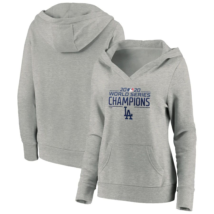 Women's Los Angeles Dodgers Women's 2020 World Series Champions Logo Crossover Neck Pullover Hoodie Heather Gray