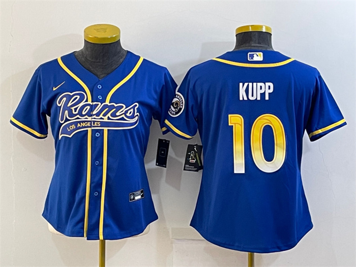 Women's Los Angeles Rams #10 Cooper Kupp Royal With Patch Cool Base Stitched Baseball Jersey(Run Small) Women's Los Angeles Rams #10 Cooper Kupp Royal With Patch Cool Base Stitched Baseball Jersey(Run Small)