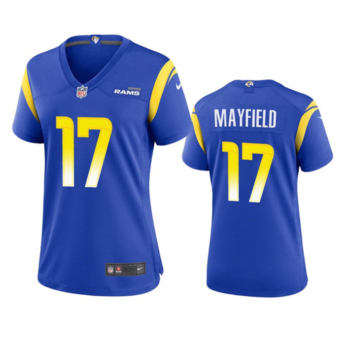 Women's Los Angeles Rams #17 Baker Mayfield Royal Stitched Game Jersey(Run Small) Women's Los Angeles Rams #17 Baker Mayfield Royal Stitched Game Jersey(Run Small)