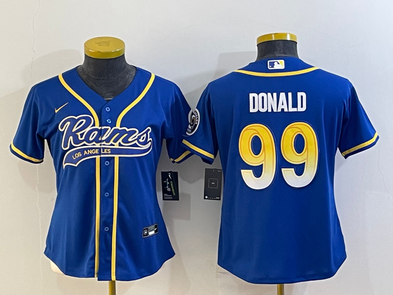 Women's Los Angeles Rams #99 Aaron Donald Royal With Patch Cool Base Stitched Baseball Jersey(Run Small) Women's Los Angeles Rams #99 Aaron Donald Royal With Patch Cool Base Stitched Baseball Jersey(Run Small)