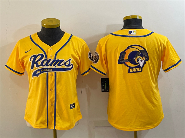Women's Los Angeles Rams Yellow Team Big Logo With Patch Cool Base Stitched Baseball Jersey(Run Small) Women's Los Angeles Rams Yellow Team Big Logo With Patch Cool Base Stitched Baseball Jersey(Run Small)