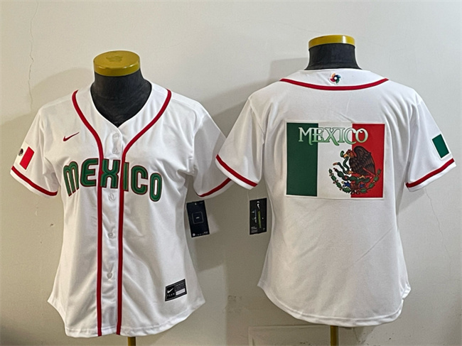 Women's Mexico Baseball White 2026 World Baseball Classic Big Logo Home Stadium Stitched Baseball Jersey(Run Small) Women's Mexico Baseball White 2026 World Baseball Classic Big Logo Home Stadium Stitched Baseball Jersey(Run Small)