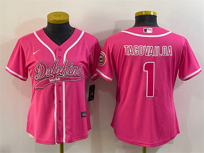 Women's Miami Dolphins #1 Tua Tagovailoa Pink With Patch Cool Base Stitched Baseball Jersey(Run Small) Women's Miami Dolphins #1 Tua Tagovailoa Pink With Patch Cool Base Stitched Baseball Jersey(Run Small)