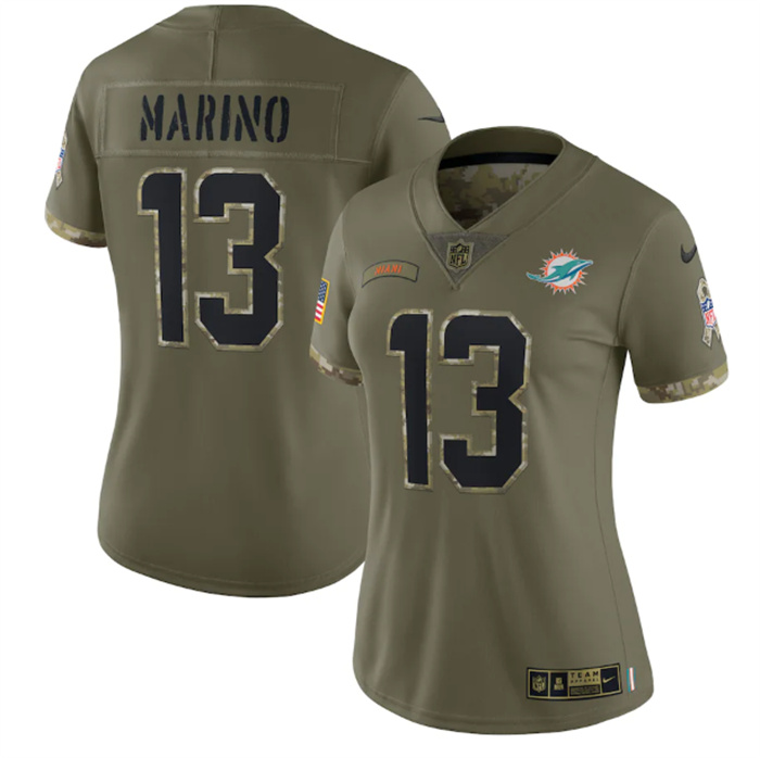 Women's Miami Dolphins #13 Dan Marino 2022 Olive Salute To Service Limited Stitched Jersey(Run Small) Women's Miami Dolphins #13 Dan Marino 2022 Olive Salute To Service Limited Stitched Jersey(Run Small)