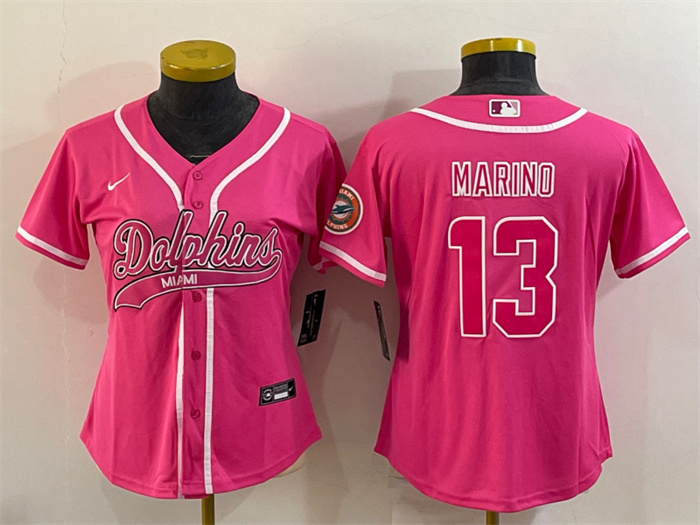 Women's Miami Dolphins #13 Dan Marino Pink With Patch Cool Base Stitched Baseball Jersey(Run Small) Women's Miami Dolphins #13 Dan Marino Pink With Patch Cool Base Stitched Baseball Jersey(Run Small)