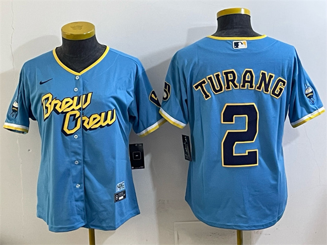 Women's Milwaukee Brewers #2 Brice Turang Powder Blue City Connect Cool Base Stitched Jersey(Run Small) Women's Milwaukee Brewers #2 Brice Turang Powder Blue City Connect Cool Base Stitched Jersey(Run Small)
