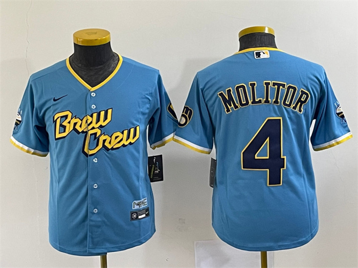 Women's Milwaukee Brewers #4 Paul Molitor 2022 Powder Blue City Connect Cool Base Stitched Jersey(Run Small) Women's Milwaukee Brewers #4 Paul Molitor 2022 Powder Blue City Connect Cool Base Stitched Jersey(Run Small)