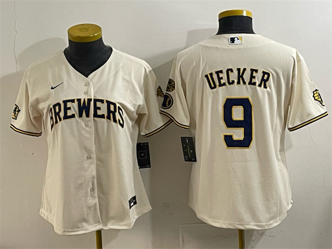 Women's Milwaukee Brewers #9 Bob Uecker Cream With Home & Bob Uecker Patch Stitched Jersey(Run Small) Women's Milwaukee Brewers #9 Bob Uecker Cream With Home & Bob Uecker Patch Stitched Jersey(Run Small)