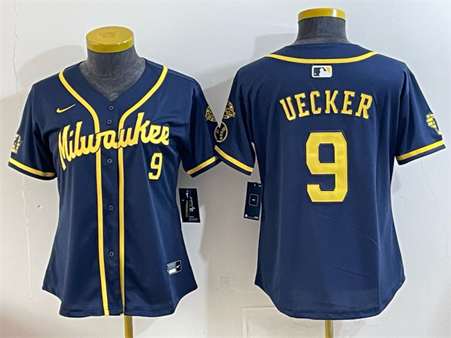 Women's Milwaukee Brewers #9 Bob Uecker Navy With Home & Bob Uecker Patch Limited Stitched Jersey(Run Small) Women's Milwaukee Brewers #9 Bob Uecker Navy With Home & Bob Uecker Patch Limited Stitched Jersey(Run Small)