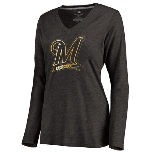 Women's Milwaukee Brewers Gold Collection Long Sleeve V-Neck Tri-Blend T-Shirt Black Women's Milwaukee Brewers Gold Collection Long Sleeve V-Neck Tri-Blend T-Shirt Black