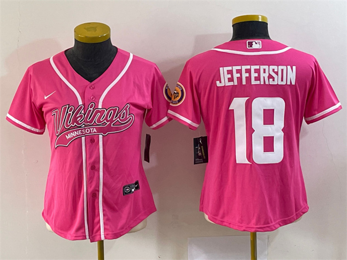 Women's Minnesota Vikings #18 Justin Jefferson Pink With Patch Cool Base Stitched Baseball Jersey(Run Small) Women's Minnesota Vikings #18 Justin Jefferson Pink With Patch Cool Base Stitched Baseball Jersey(Run Small)