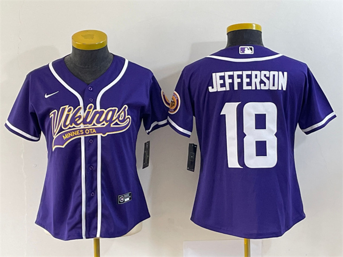 Women's Minnesota Vikings #18 Justin Jefferson Purple With Patch Cool Base Stitched Baseball Jersey(Run Small) Women's Minnesota Vikings #18 Justin Jefferson Purple With Patch Cool Base Stitched Baseball Jersey(Run Small)
