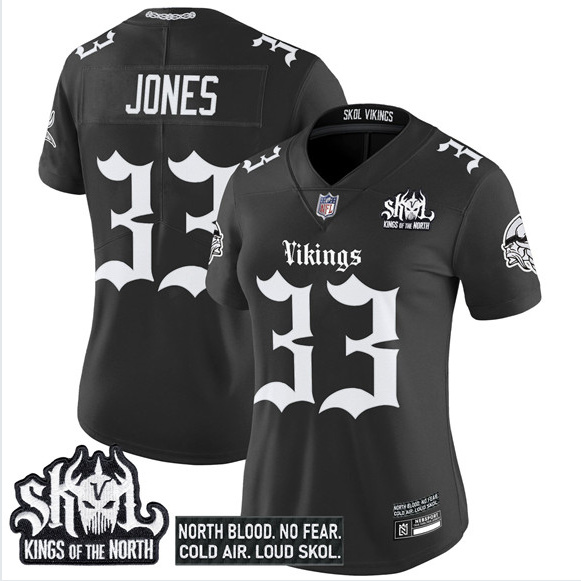 Women's Minnesota Vikings #33 Aaron Jones Black 2025 Kings of the North Patch Gothic Norseblood Edition Vapor Untouchable Limited Stitched Football Jersey(Run Small) Women's Minnesota Vikings #33 Aaron Jones Black 2025 Kings of the North Patch Gothic Norseblood Edition Vapor Untouchable Limited Stitched Football Jersey(Run Small)