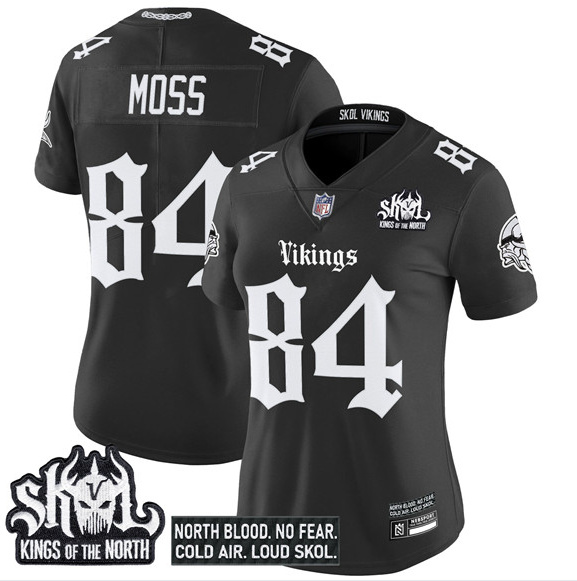 Women's Minnesota Vikings #84 Randy Moss Black 2025 Kings of the North Patch Gothic Norseblood Edition Vapor Untouchable Limited Stitched Football Jersey(Run Small) Women's Minnesota Vikings #84 Randy Moss Black 2025 Kings of the North Patch Gothic Norseblood Edition Vapor Untouchable Limited Stitched Football Jersey(Run Small)