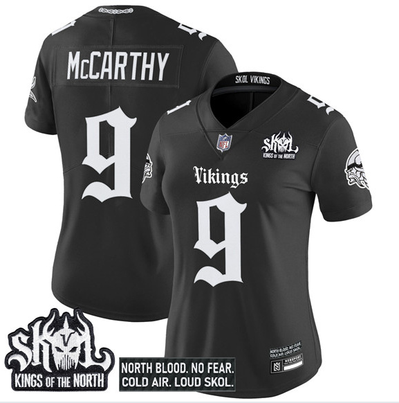 Women's Minnesota Vikings #9 J.J. McCarthy Black 2025 Kings of the North Patch Gothic Norseblood Edition Vapor Untouchable Limited Stitched Football Jersey(Run Small) Women's Minnesota Vikings #9 J.J. McCarthy Black 2025 Kings of the North Patch Gothic Norseblood Edition Vapor Untouchable Limited Stitched Football Jersey(Run Small)