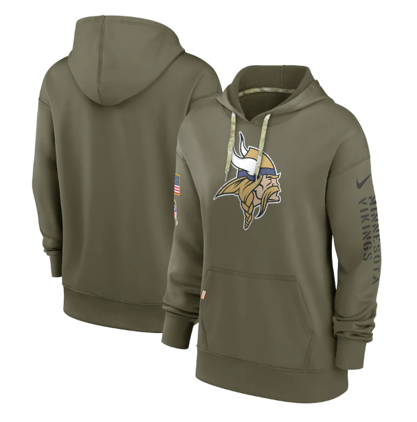 Women's Minnesota Vikings 2022 Olive Salute To Service Therma Performance Pullover Hoodie(Run Small)