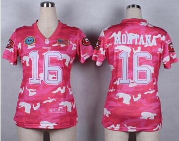 Women's NEW 49ers #16 Joe Montana Pink NFL Elite Camo Fashion Jersey