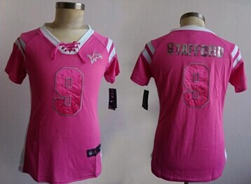 Women's NEW Lions #9 Matthew Stafford Pink NFL Elite Draft Him Shimmer Jersey