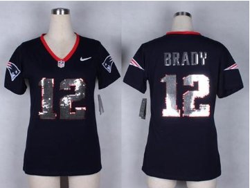 Women's NEW Patriots #12 Tom Brady Navy Blue NFL Elite Handwork Sequin Lettering Jersey