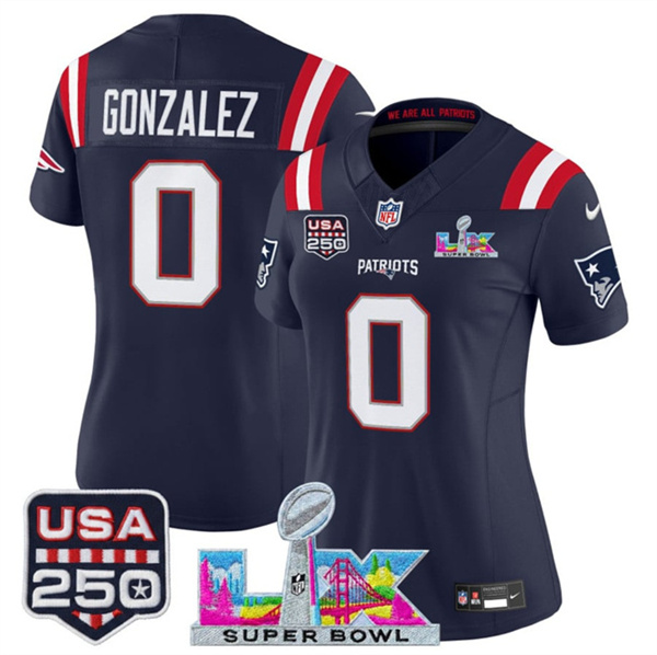 Women's New England Patriots #0 Christian Gonzalez Navy 2025 F.U.S.E. Super Bowl LX Patch And USA 250' Patch Vapor Limited Football Stitched Jersey(Run Small)