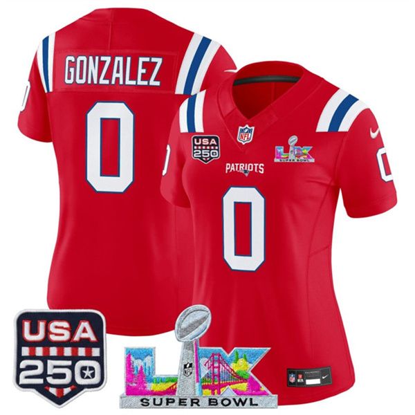 Women's New England Patriots #0 Christian Gonzalez Red 2025 F.U.S.E. Super Bowl LX Patch And USA 250' Patch Vapor Limited Football Stitched Jersey(Run Small)