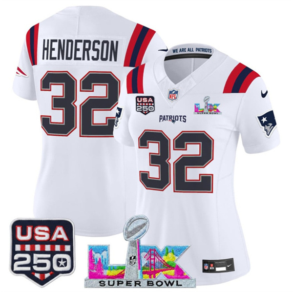 Women's New England Patriots #32 TreVeyon Henderson White 2025 F.U.S.E. Super Bowl LX Patch And USA 250' Patch Vapor Limited Football Stitched Jersey(Run Small) Women's New England Patriots #32 TreVeyon Henderson White 2025 F.U.S.E. Super Bowl LX Patch And USA 250' Patch Vapor Limited Football Stitched Jersey(Run Small)