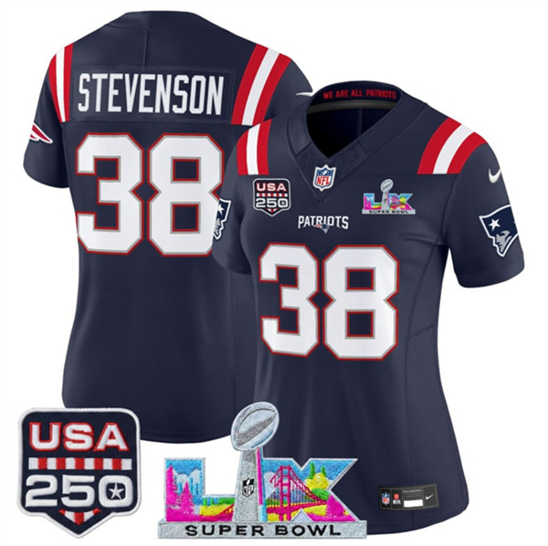 Women's New England Patriots #38 Rhamondre Stevenson Navy 2025 F.U.S.E. Super Bowl LX Patch And USA 250' Patch Vapor Limited Football Stitched Jersey(Run Small) Women's New England Patriots #38 Rhamondre Stevenson Navy 2025 F.U.S.E. Super Bowl LX Patch And USA 250' Patch Vapor Limited Football Stitched Jersey(Run Small)