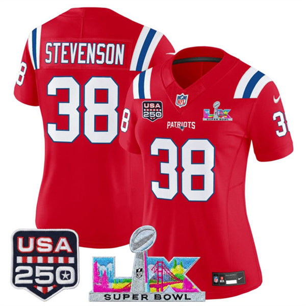 Women's New England Patriots #38 Rhamondre Stevenson Red 2025 F.U.S.E. Super Bowl LX Patch And USA 250' Patch Vapor Limited Football Stitched Jersey(Run Small) Women's New England Patriots #38 Rhamondre Stevenson Red 2025 F.U.S.E. Super Bowl LX Patch And USA 250' Patch Vapor Limited Football Stitched Jersey(Run Small)