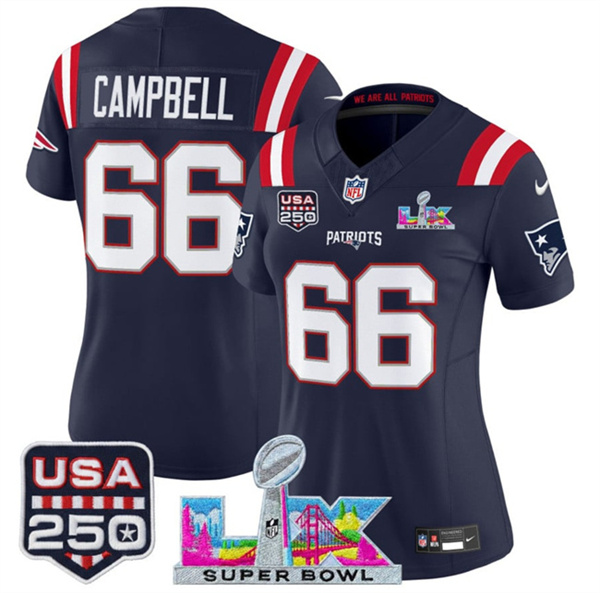Women's New England Patriots #66 Will Campbell Navy 2025 F.U.S.E. Super Bowl LX Patch And USA 250' Patch Vapor Limited Football Stitched Jersey(Run Small) Women's New England Patriots #66 Will Campbell Navy 2025 F.U.S.E. Super Bowl LX Patch And USA 250' Patch Vapor Limited Football Stitched Jersey(Run Small)