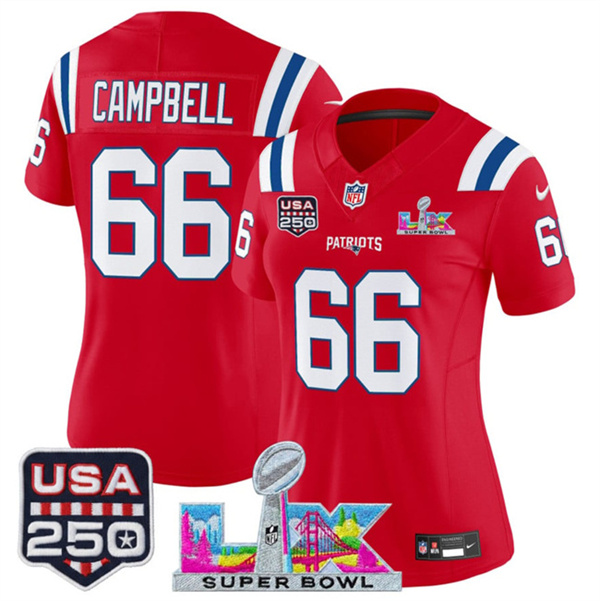 Women's New England Patriots #66 Will Campbell Red 2025 F.U.S.E. Super Bowl LX Patch And USA 250' Patch Vapor Limited Football Stitched Jersey(Run Small) Women's New England Patriots #66 Will Campbell Red 2025 F.U.S.E. Super Bowl LX Patch And USA 250' Patch Vapor Limited Football Stitched Jersey(Run Small)