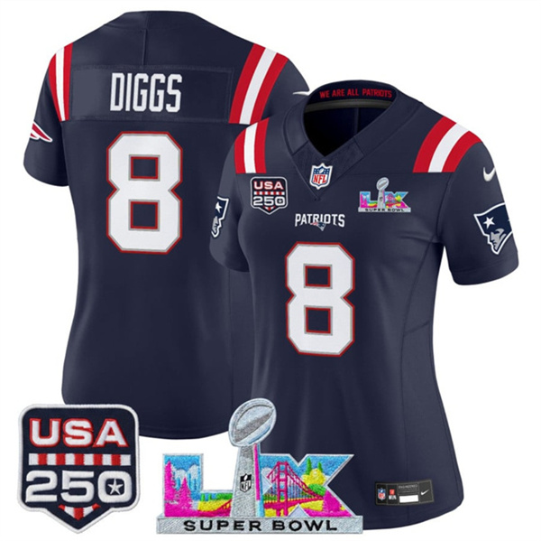 Women's New England Patriots #8 Stefon Diggs Navy 2025 F.U.S.E. Super Bowl LX Patch And USA 250' Patch Vapor Limited Football Stitched Jersey(Run Small) Women's New England Patriots #8 Stefon Diggs Navy 2025 F.U.S.E. Super Bowl LX Patch And USA 250' Patch Vapor Limited Football Stitched Jersey(Run Small)