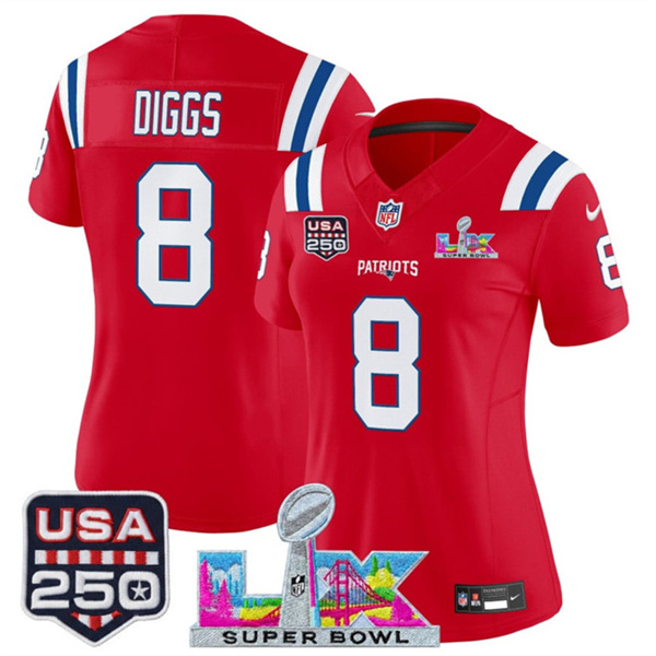 Women's New England Patriots #8 Stefon Diggs Red 2025 F.U.S.E. Super Bowl LX Patch And USA 250' Patch Vapor Limited Football Stitched Jersey(Run Small) Women's New England Patriots #8 Stefon Diggs Red 2025 F.U.S.E. Super Bowl LX Patch And USA 250' Patch Vapor Limited Football Stitched Jersey(Run Small)