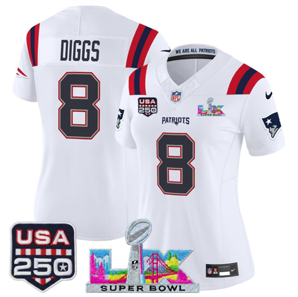 Women's New England Patriots #8 Stefon Diggs White 2025 F.U.S.E. Super Bowl LX Patch And USA 250' Patch Vapor Limited Football Stitched Jersey(Run Small) Women's New England Patriots #8 Stefon Diggs White 2025 F.U.S.E. Super Bowl LX Patch And USA 250' Patch Vapor Limited Football Stitched Jersey(Run Small)
