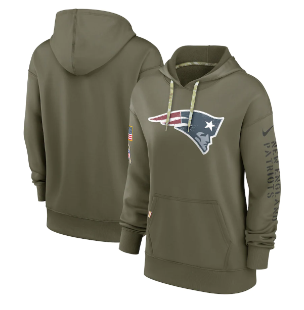 Women's New England Patriots 2022 Olive Salute To Service Therma Performance Pullover Hoodie(Run Small)
