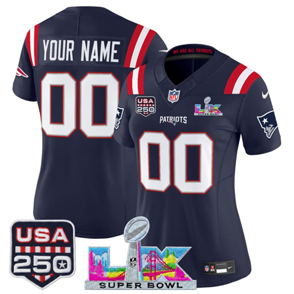 Women's New England Patriots Active Player Custom Navy 2025 F.U.S.E. Super Bowl LX Patch And USA 250' Patch Vapor Limited Football Stitched Jersey(Run Small) Women's New England Patriots Active Player Custom Navy 2025 F.U.S.E. Super Bowl LX Patch And USA 250' Patch Vapor Limited Football Stitched Jersey(Run Small)