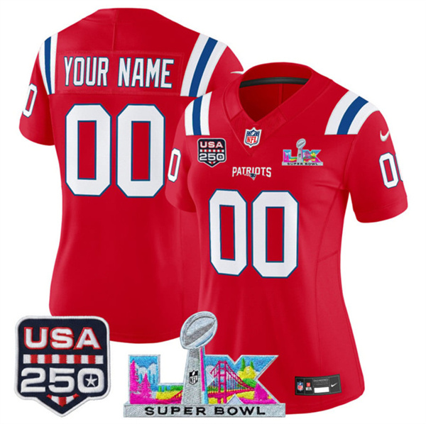 Women's New England Patriots Active Player Custom Red 2025 F.U.S.E. Super Bowl LX Patch And USA 250' Patch Vapor Limited Football Stitched Jersey(Run Small) Women's New England Patriots Active Player Custom Red 2025 F.U.S.E. Super Bowl LX Patch And USA 250' Patch Vapor Limited Football Stitched Jersey(Run Small)
