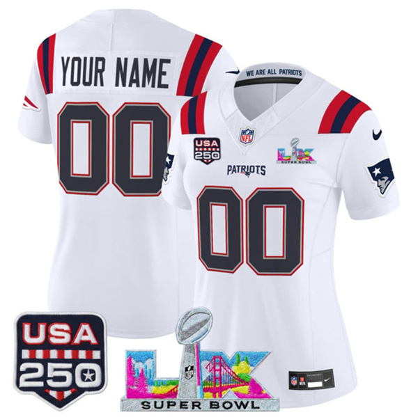 Women's New England Patriots Active Player Custom White 2025 F.U.S.E. Super Bowl LX Patch And USA 250' Patch Vapor Limited Football Stitched Jersey(Run Small) Women's New England Patriots Active Player Custom White 2025 F.U.S.E. Super Bowl LX Patch And USA 250' Patch Vapor Limited Football Stitched Jersey(Run Small)
