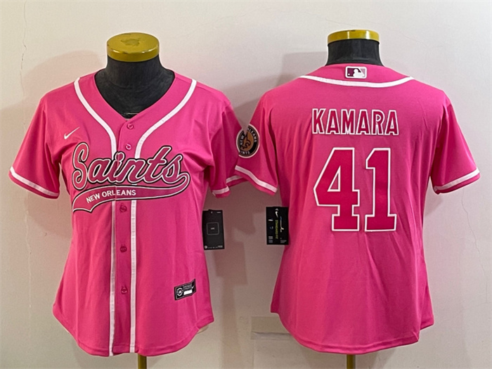Women's New Orleans Saints #41 Alvin Kamara Pink With Patch Cool Base Stitched Baseball Jersey(Run Small) Women's New Orleans Saints #41 Alvin Kamara Pink With Patch Cool Base Stitched Baseball Jersey(Run Small)