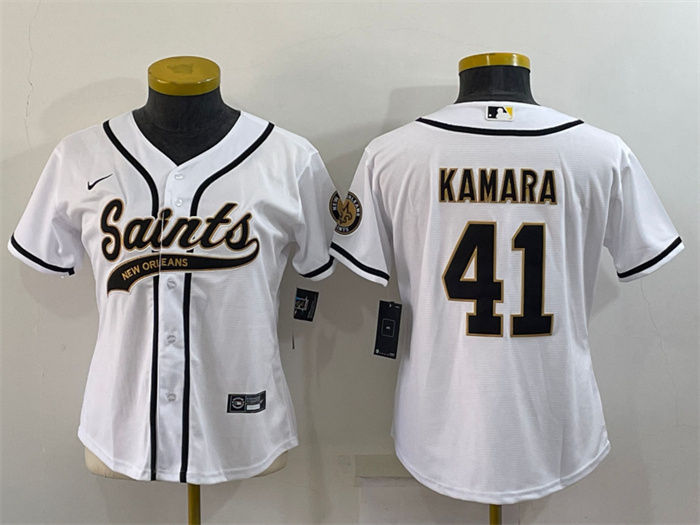 Women's New Orleans Saints #41 Alvin Kamara White With Patch Cool Base Stitched Baseball Jersey(Run Small) Women's New Orleans Saints #41 Alvin Kamara White With Patch Cool Base Stitched Baseball Jersey(Run Small)