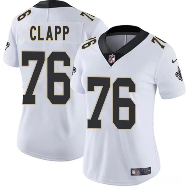 Women's New Orleans Saints #76 Will Clapp White 2025 Vapor Stitched Game Jersey(Run Small) Women's New Orleans Saints #76 Will Clapp White 2025 Vapor Stitched Game Jersey(Run Small)