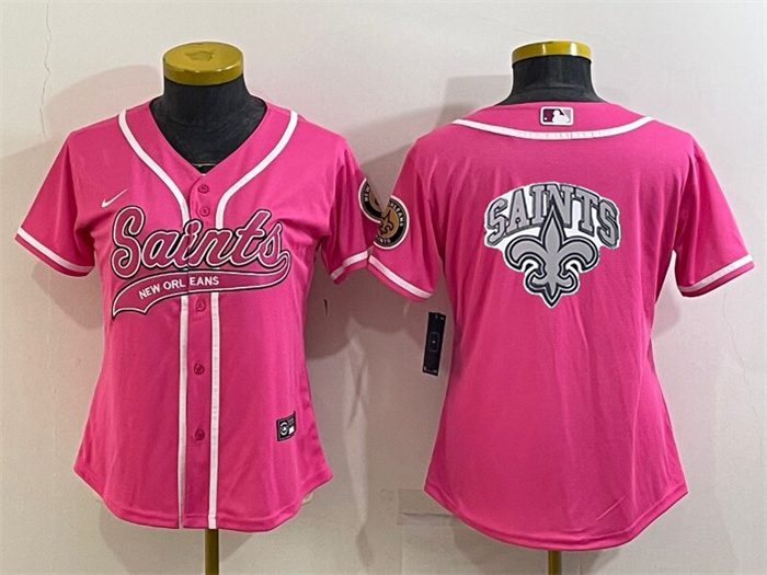 Women's New Orleans Saints Pink Team Big Logo With Patch Cool Base Stitched Baseball Jersey(Run Small) Women's New Orleans Saints Pink Team Big Logo With Patch Cool Base Stitched Baseball Jersey(Run Small)