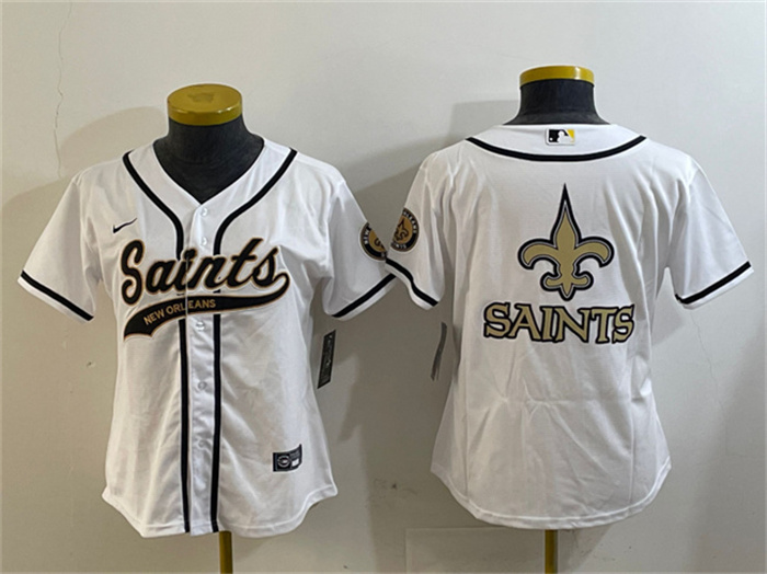 Women's New Orleans Saints White Team Big Logo With Patch Cool Base Stitched Baseball Jersey(Run Small) Women's New Orleans Saints White Team Big Logo With Patch Cool Base Stitched Baseball Jersey(Run Small)
