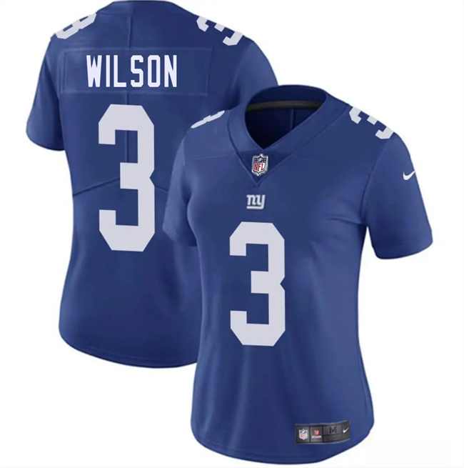 Women's New York Giants #3 Russell Wilson Blue 2025 Vapor Stitched Jersey(Run Small) Women's New York Giants #3 Russell Wilson Blue 2025 Vapor Stitched Jersey(Run Small)