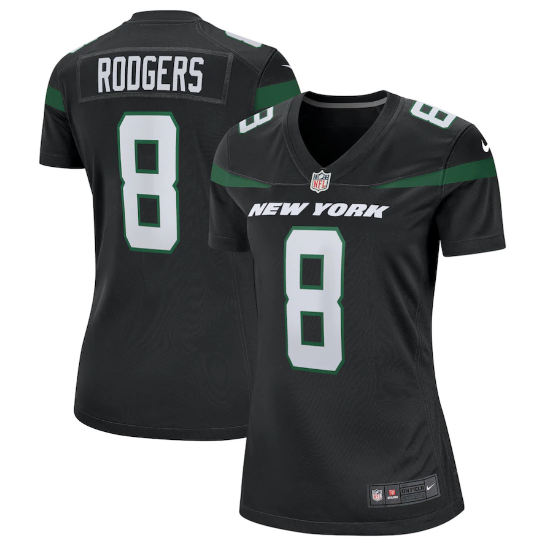 Women's New York Jets #8 Aaron Rodgers Black Stitched Game Football Jersey(Run Small) Women's New York Jets #8 Aaron Rodgers Black Stitched Game Football Jersey(Run Small)