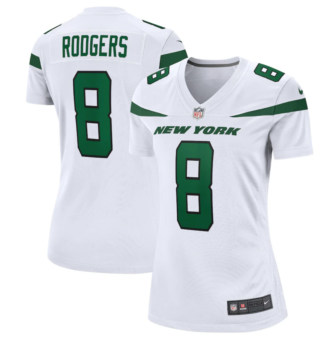 Women's New York Jets #8 Aaron Rodgers White Stitched Game Football Jersey(Run Small) Women's New York Jets #8 Aaron Rodgers White Stitched Game Football Jersey(Run Small)