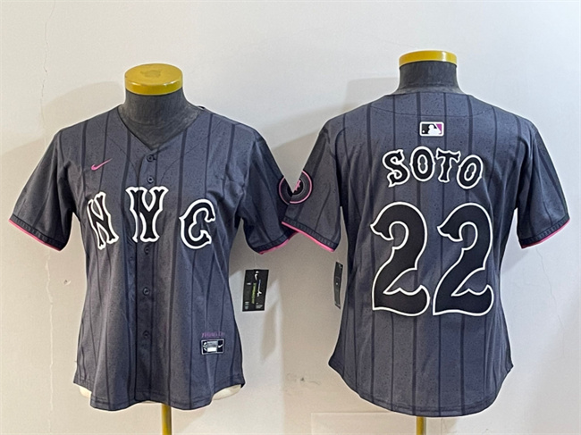 Women's New York Mets #22 Juan Soto Graphite 2024 City Connect Limited Stitched Baseball Jersey(Run Small) Women's New York Mets #22 Juan Soto Graphite 2024 City Connect Limited Stitched Baseball Jersey(Run Small)