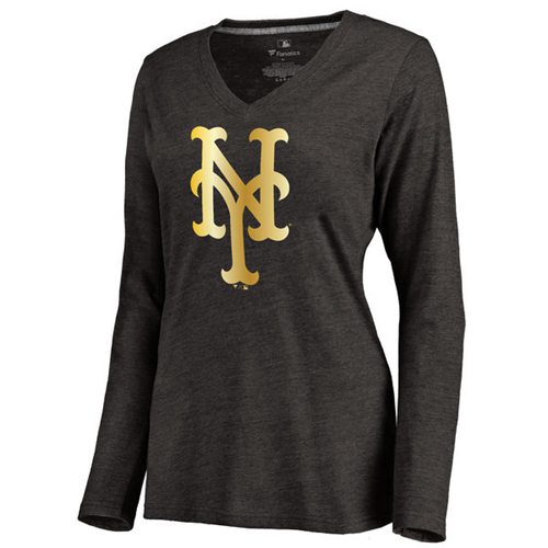 Women's New York Mets Gold Collection Long Sleeve V-Neck Tri-Blend T-Shirt Black Women's New York Mets Gold Collection Long Sleeve V-Neck Tri-Blend T-Shirt Black